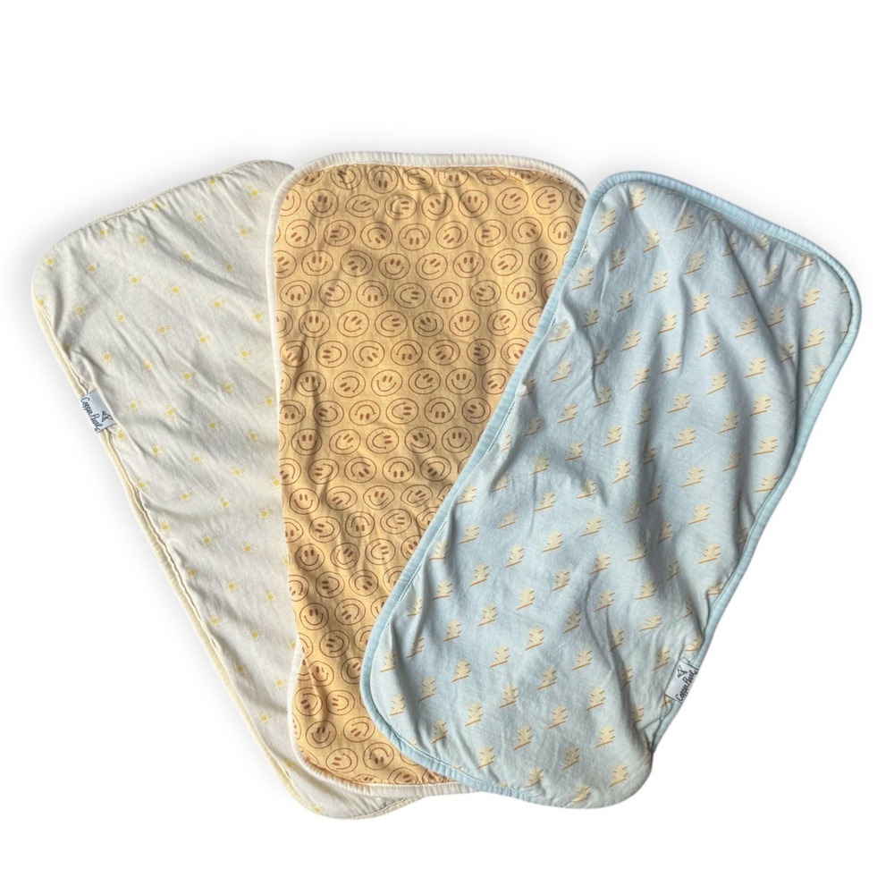 Copper Pearl Burp Cloth 3 Pack Smiley Face Sun Lightning Bolt Blue Yellow Cream